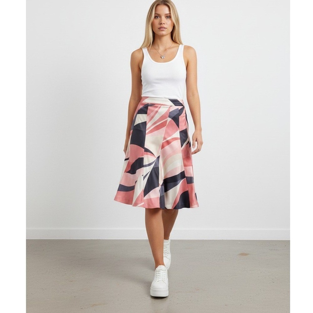 Theory Womens 100% Silk Abstract Geometric Print Midi Skirt Pink Navy Size 10